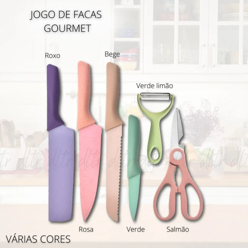 Conjunto Kit Facas Pro Colorido em Aço Inoxidável com 6 Peças