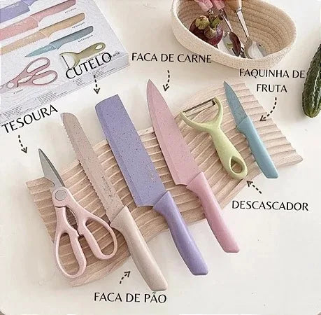 Conjunto Kit Facas Pro Colorido em Aço Inoxidável com 6 Peças